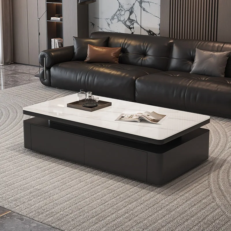 Italian light luxury rock slab coffee table living room household size apartment high-end solid wood drawer can store
