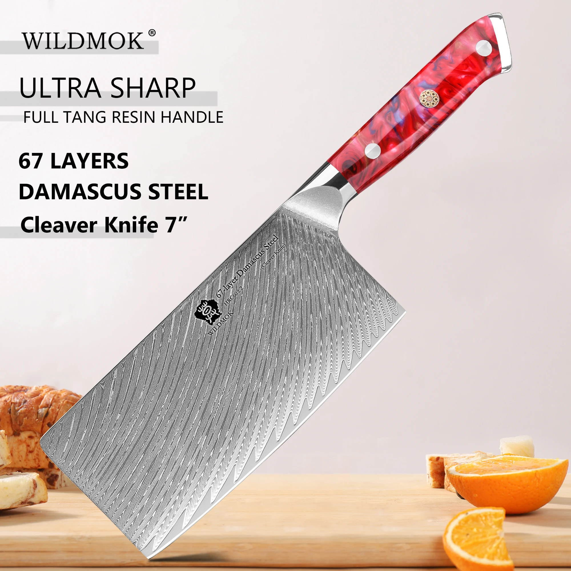 WILDMOK Kitchen Cleaver Knife,Damascus VG10 Blade, Comfort Grip Stabilized Resin Handle,Handcrafted Cooking Knives with Gift Box