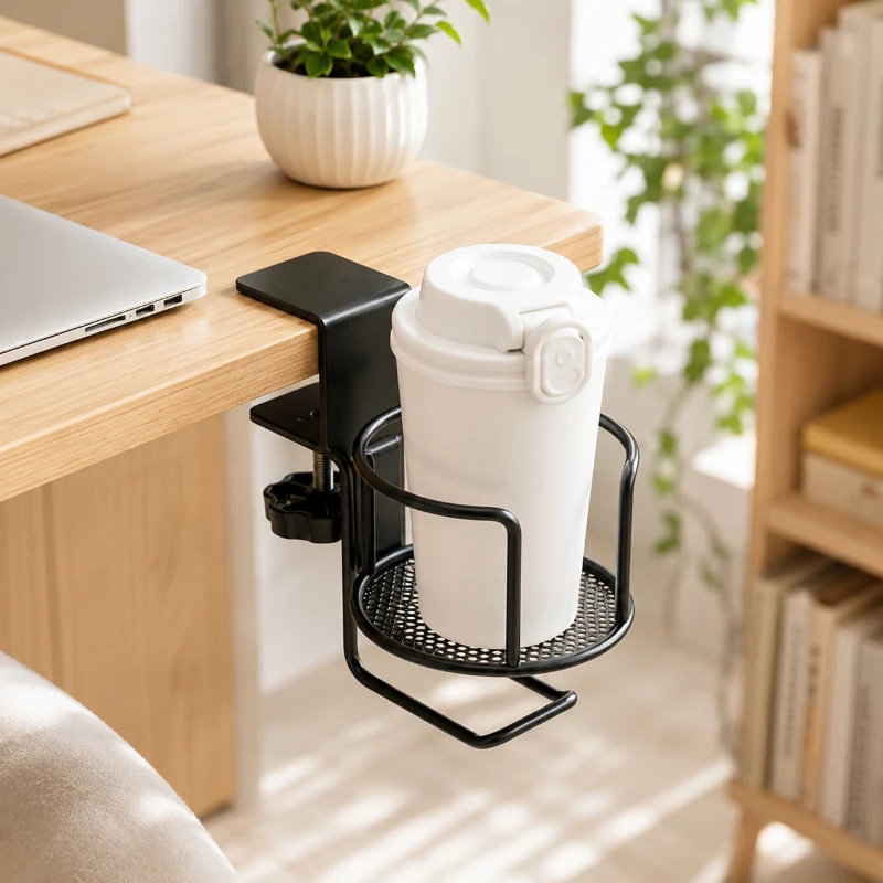 

Black No Drill Desk Cup Holder, Adjustable Clamp Stand, Fixed Table Edge Cup Tray for Office and Home Use