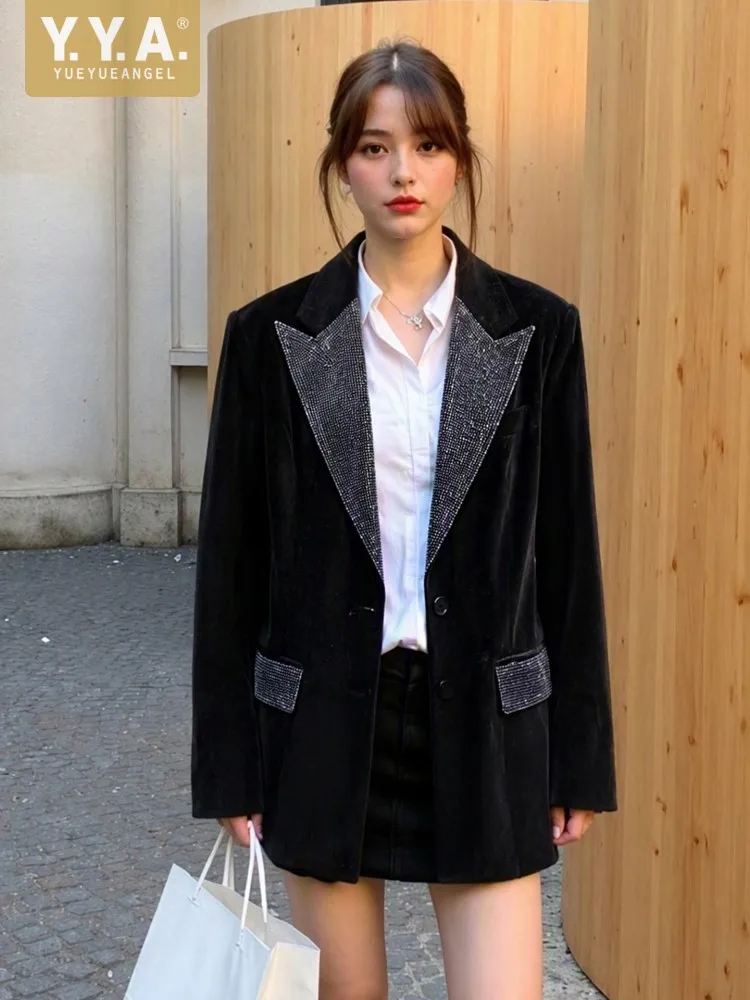 Women Party Luxury Diamonds Spliced Velvet Suit Jacket Single Breasted Loose Fit Office Lady Designer Elegant Blazers Coat Tops