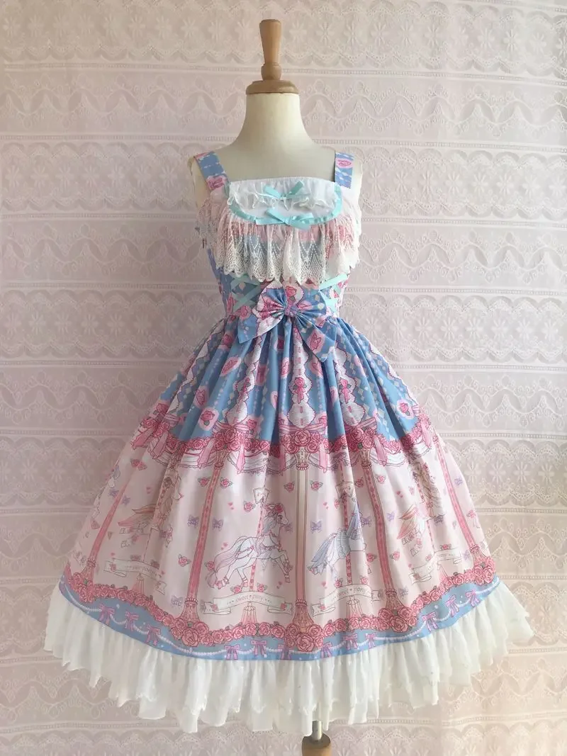 Rose & Karussell Gedruckt Süße Lolita Kleid Ärmel Midi Chiffon Kleid durch Yiliya ~ Pre-auftrag