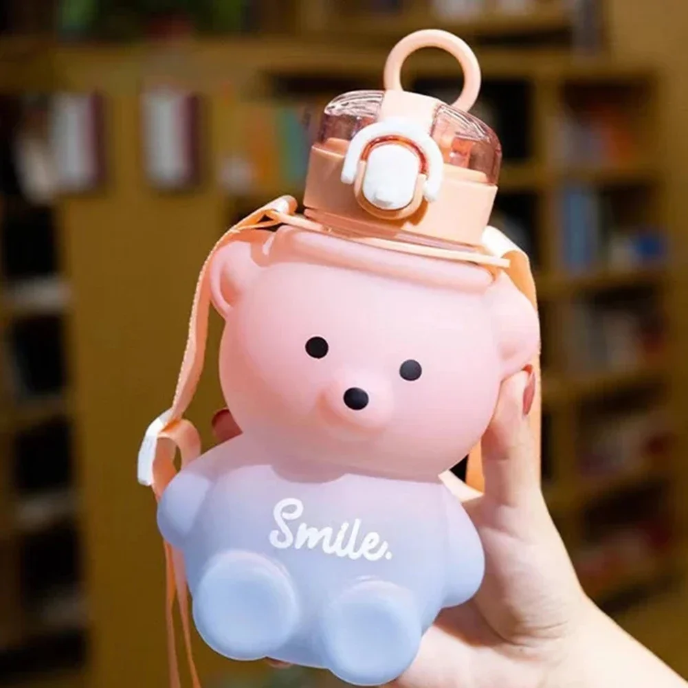 800ml Kawaii Straw Water Bottle With Rope Portable Bear Gradient Water Cup Large-Capacity Leak-Proof Drinking Mug For Kids Girls