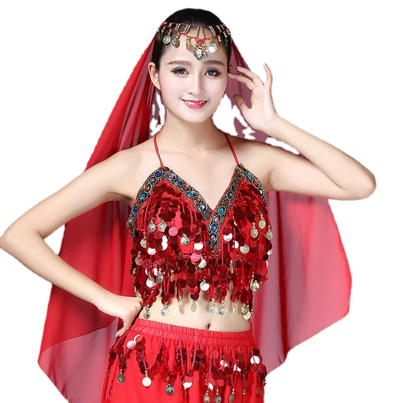 Sequins Colorful Chest Wraps Belly Dance Lace Up Bras Hanging Coin Stage Performance Suspender Tassel Top Sports Bra for Women