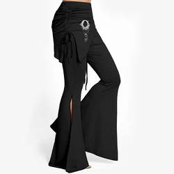 Dressfo 2025 Women's Pants High Slit Flare Pants Celestial Sun Moon Cinched Elastic Waist Long Pants