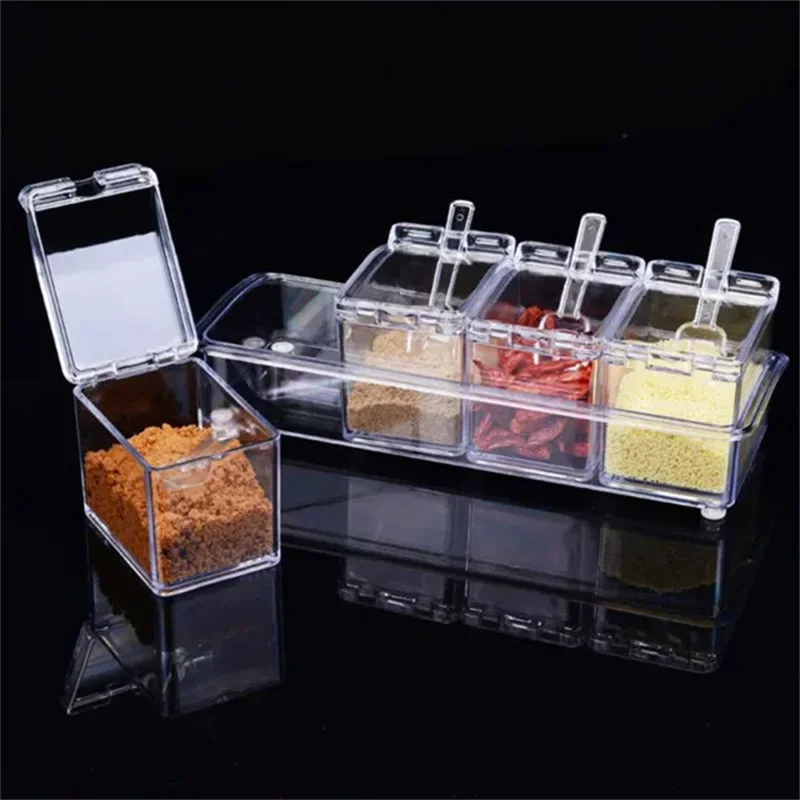 Kitchen Clear Seasoning Box Set Organizer Storage Boxes Spices Seasoning Jar Sugar Salt Bottle With Spoon Kitchen Accessories