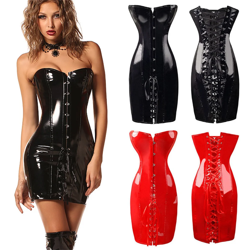 

Hot Black/Red Long PVC Leather Corset Dress Sexy Women Gothic Waist Tranier Body Slim Club Vinyl Latex Mini Dress S-2XL