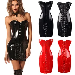 Vestido de corsé largo de cuero de PVC para mujer, minivestido Sexy de látex de vinilo para Club, cintura gótica, negro/rojo, S-2XL