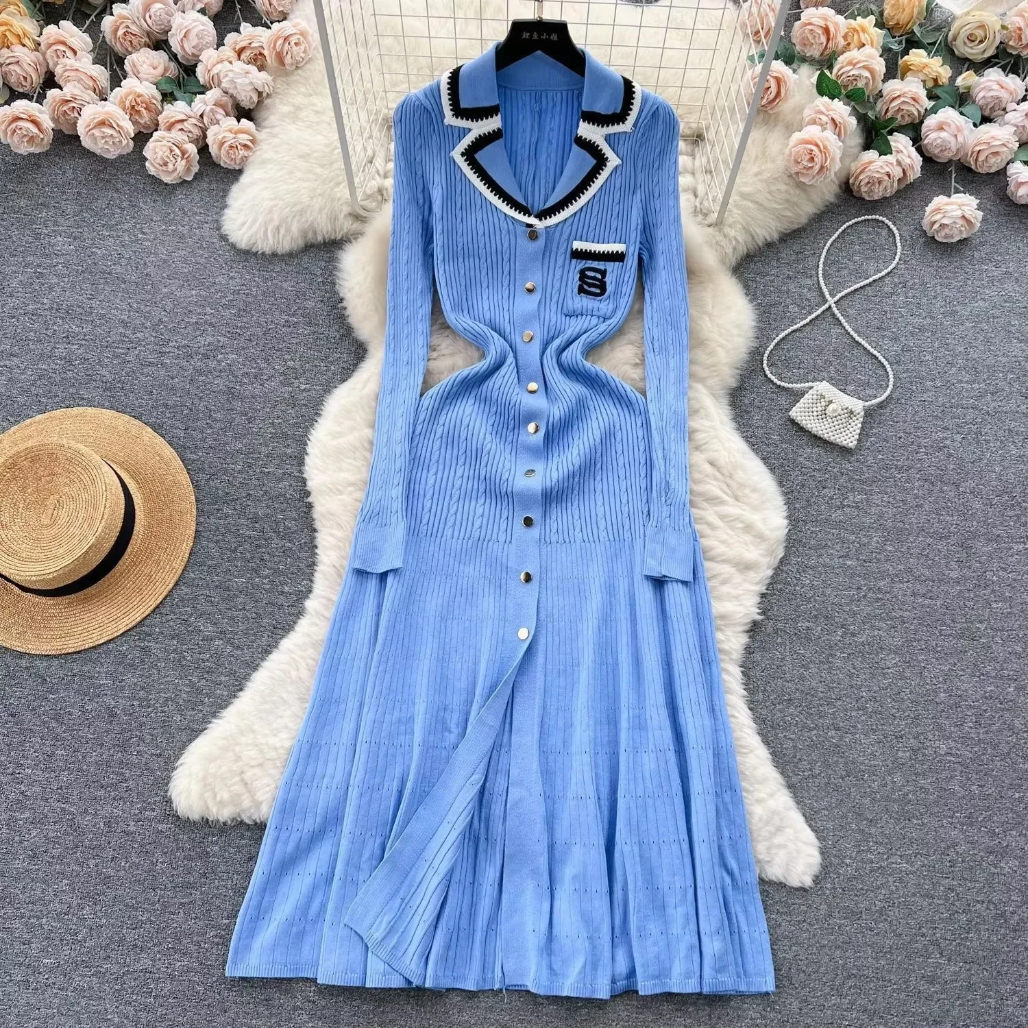 Trendy Style French Paris Fashion Knit Long Dress for Women Classic Minimal Design Embroidery Stitch Dress Female Clothing