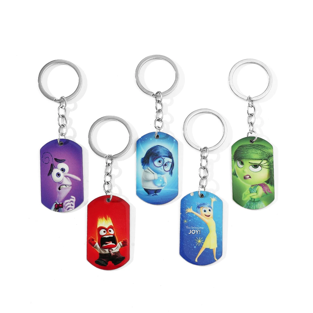 Disney-Inside Out Keychains, Cute Cartoon Keyrings, Anime Joy, Anger, Disgust, Fear Action, Stainless Steel Color Printing