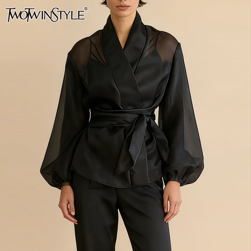 TWOTWINSTYLE Black Loose Spliced Lace Up Shirts for Women V Neck Long Sleeve French Temperament Shirt Female Autumn Fashion New