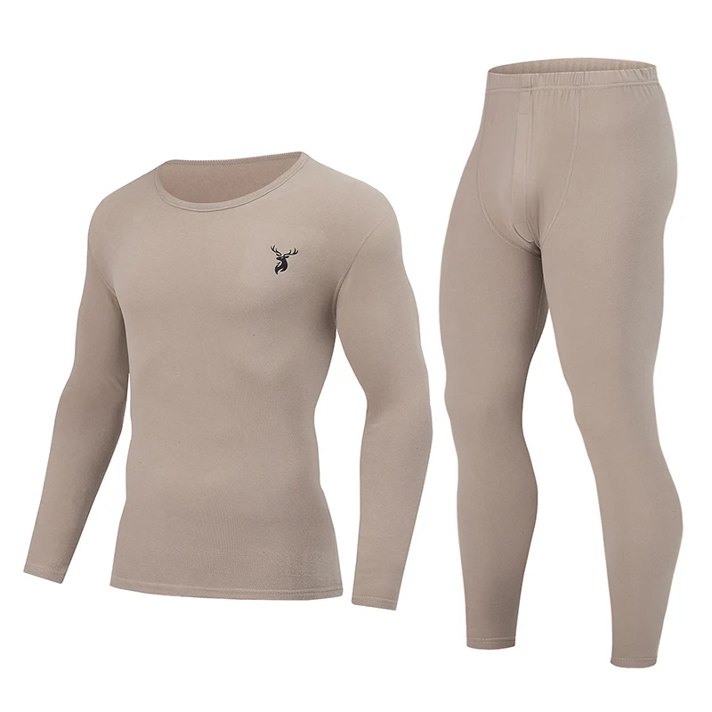 

2-piece Autumn And Winter Men's Fashion Lucky Deer Pattern Solid Color Basic Warm Underwear Set Comfortable Long Sleeve Pants