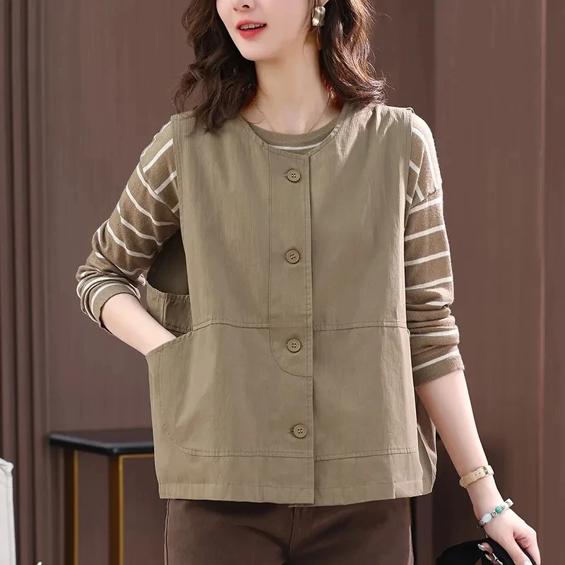 

Vest Female Short 2023 Spring Leisure Women's Sleeveless Jacket Simple Solid Color Vintage Waistcoat Loose New Outerwear Fashion