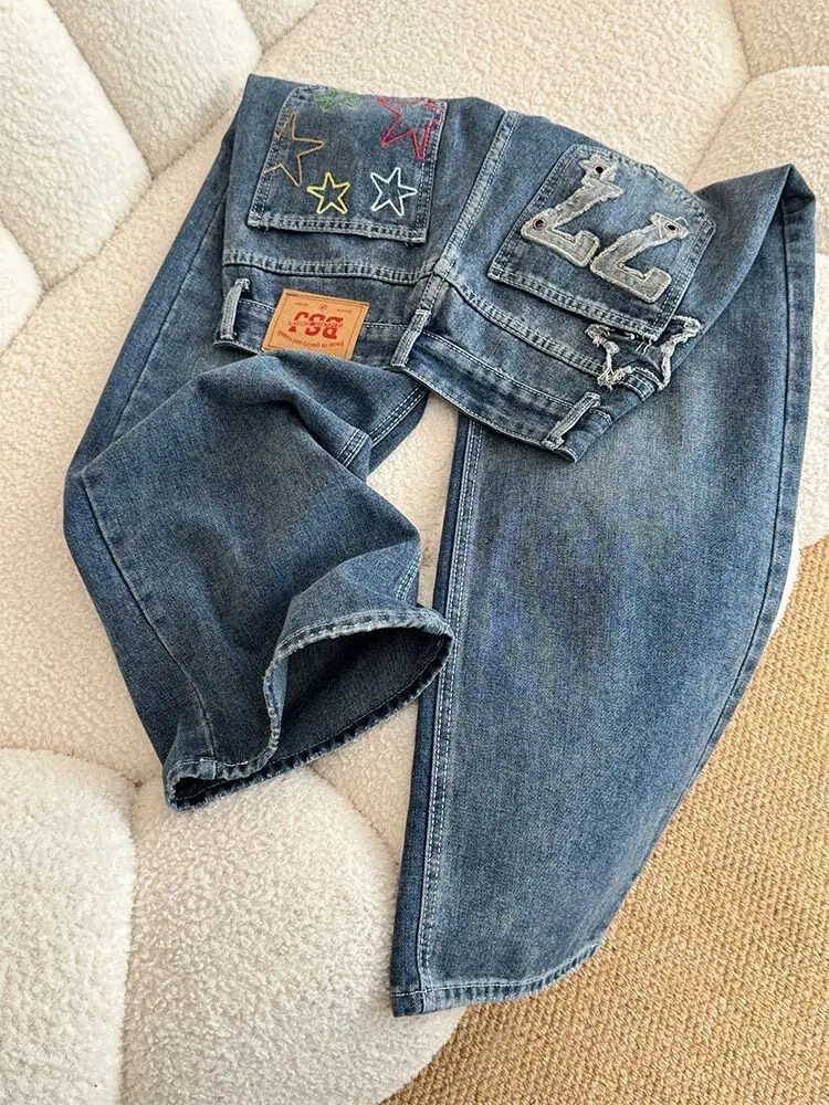 

Retro Star Embroidery Blue Loose Jeans 2026 New Women's Spring Versatile Slimming Denim Trousers Baggy Wide Leg Pants