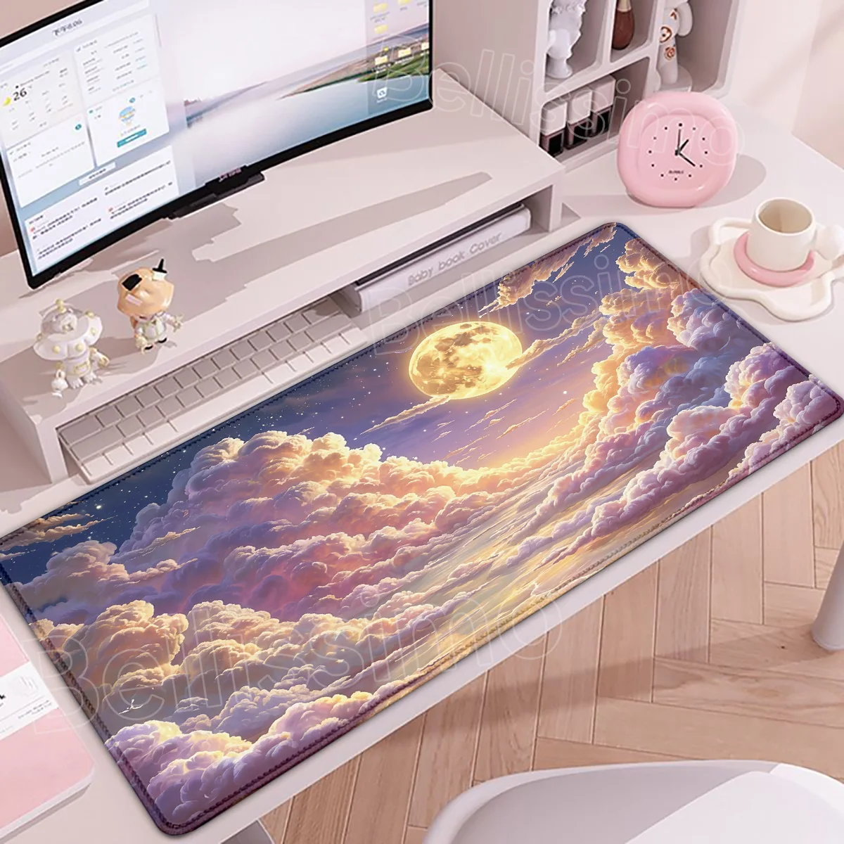 Aesthetic Sky Moon Mouse Pad Creative Moon And Star Desk Pad Gamer Keyboard Mousepad Non‑Slip Rubber Keyboard Office Accessories