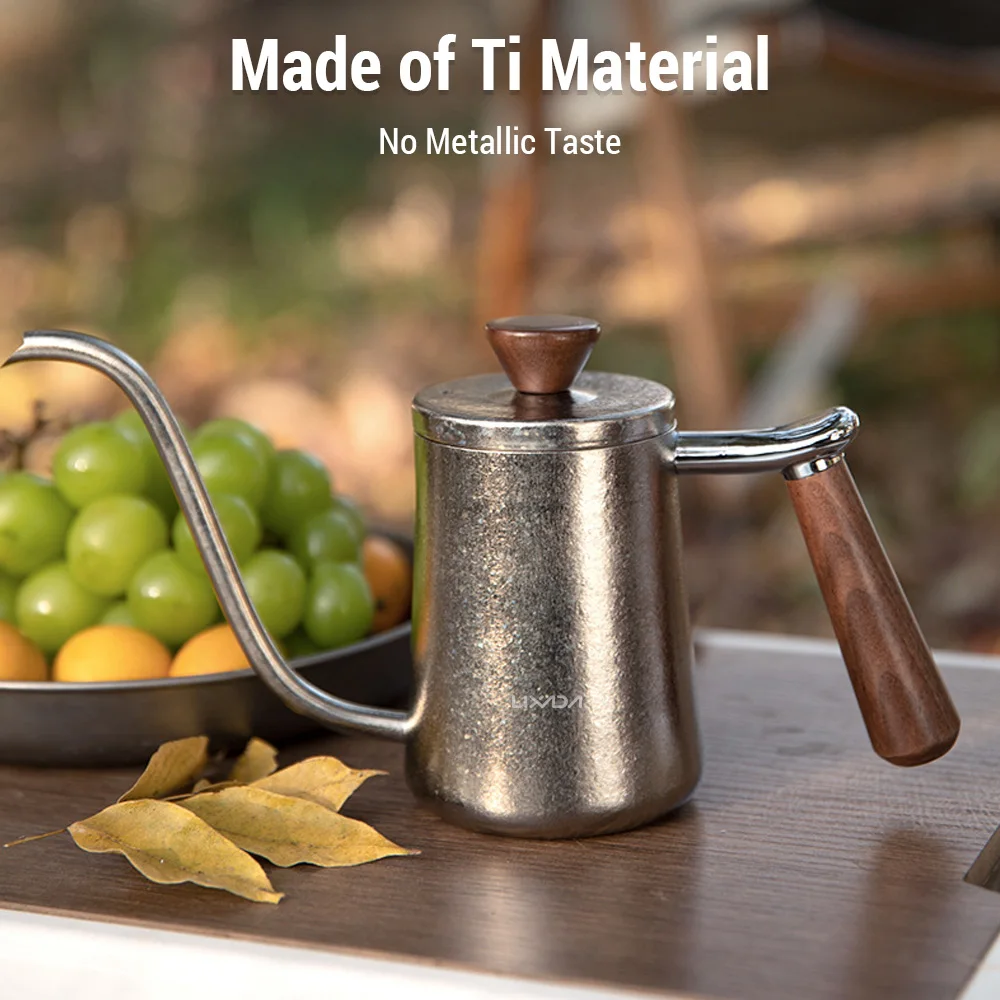 Ti Pour Over Coffee Kettle معقوفة إبريق قهوة مع مقبض خشبي للتخييم في الهواء الطلق صب إبريق قهوة Ti غلاية قهوة #5