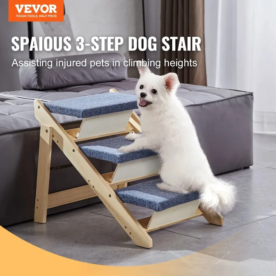 Wooden Pet Stairs 2-in-1 Foldable Dog Steps for Beds Sofa and Cars 3 Steps for Small Medium Large Pets up to 150 lbs