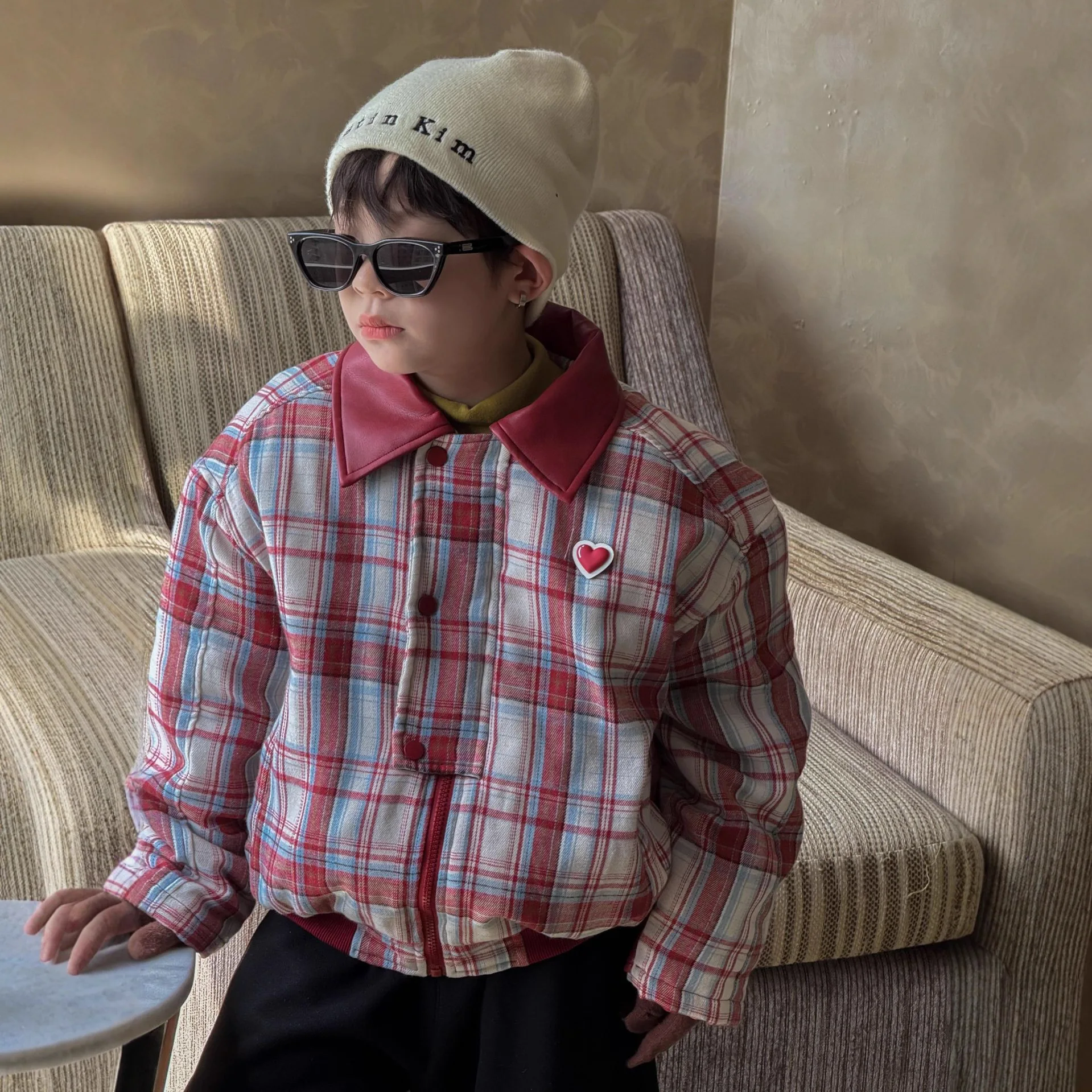 

New Autumn Winter Boys Thick and Loose Cotton Coat Children Clothing Kids Fashionable Casual Red Checkered Cotton Jacket