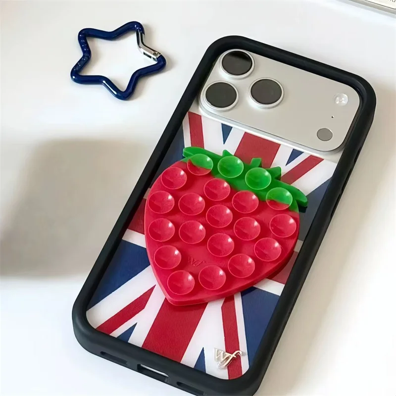 Wildflower Love Sucker Sucking Disc Strawberry Phone Case For iPhone 18 17 16 15 14 13 Pro Max Star Suction Cup Stickers Cover