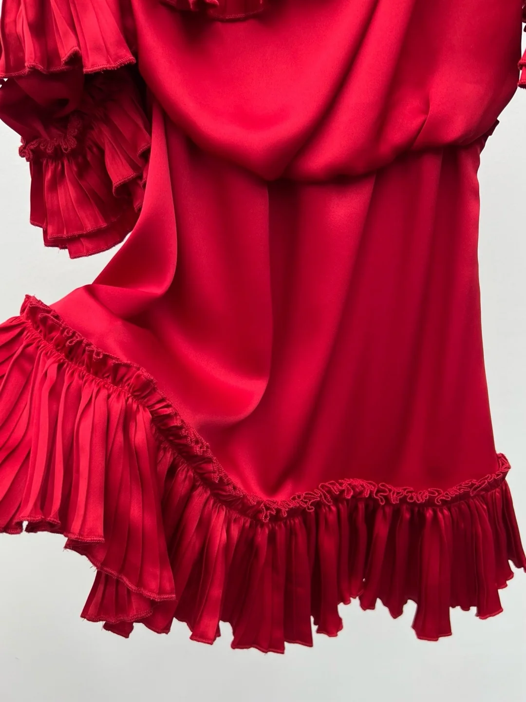 Elegant Ruched One-Shoulder Acetate Satin Dress Women Ruffle Neck & Hem Waist-Cinching Belted Romantic Midi Dress view 6