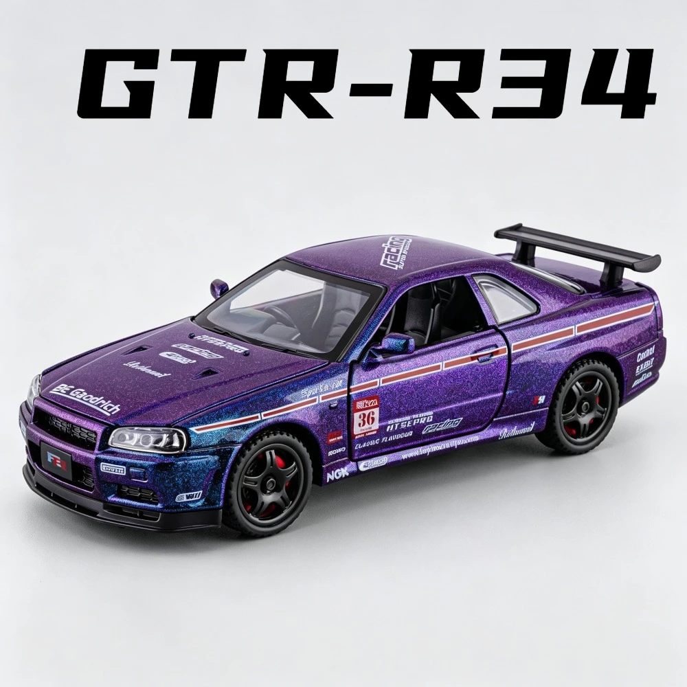 Scale 1:32 GTR-R34 Sports Car Model Toy Doors Opened Sound Light Vehicles Models Alloy Diecast Toys Table Top Decoration