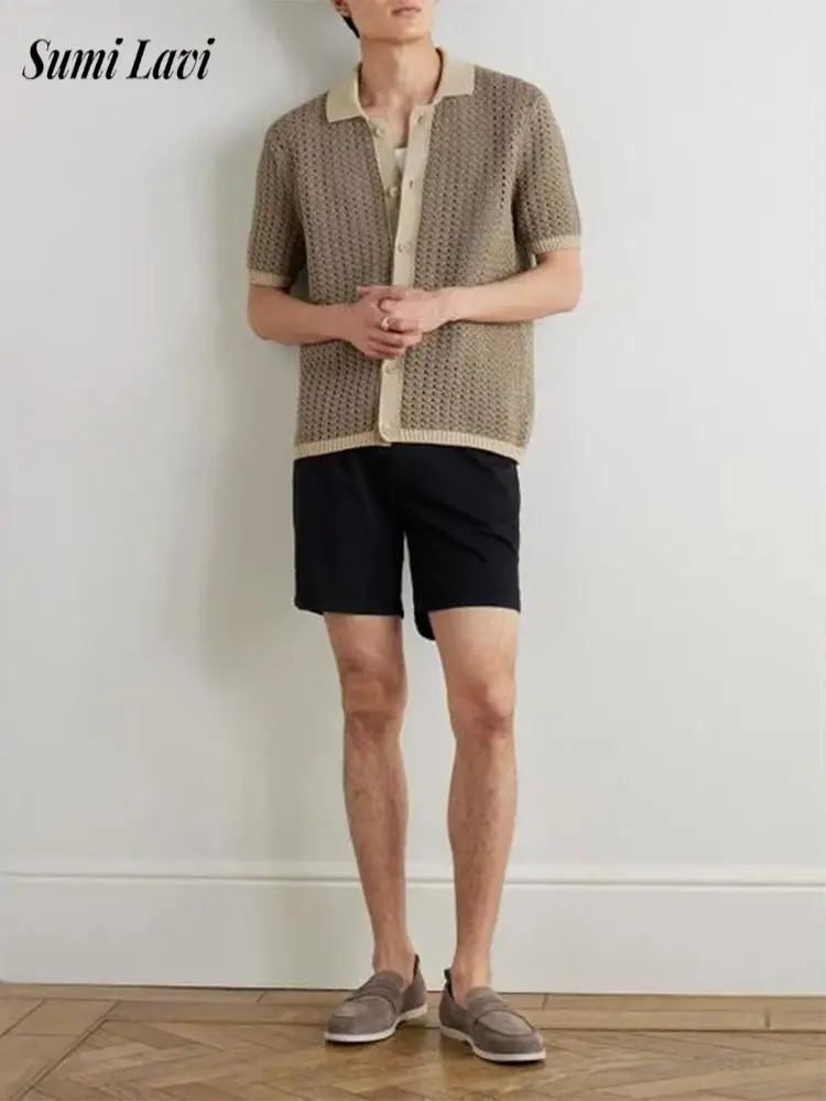 

New Casual Contrast Color Knitted Shirt Men Summer Fashion Hollow Out Breathable Men Knit Shirts Vintage Short Sleeve Cardigans