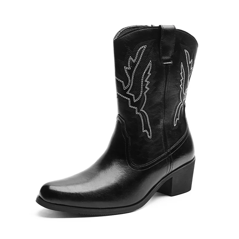 Size 38-46 Western Cowboy Boots for Men Designer Mens Shoes VINTAGE Embroider Leather Boots Black Brown British Style