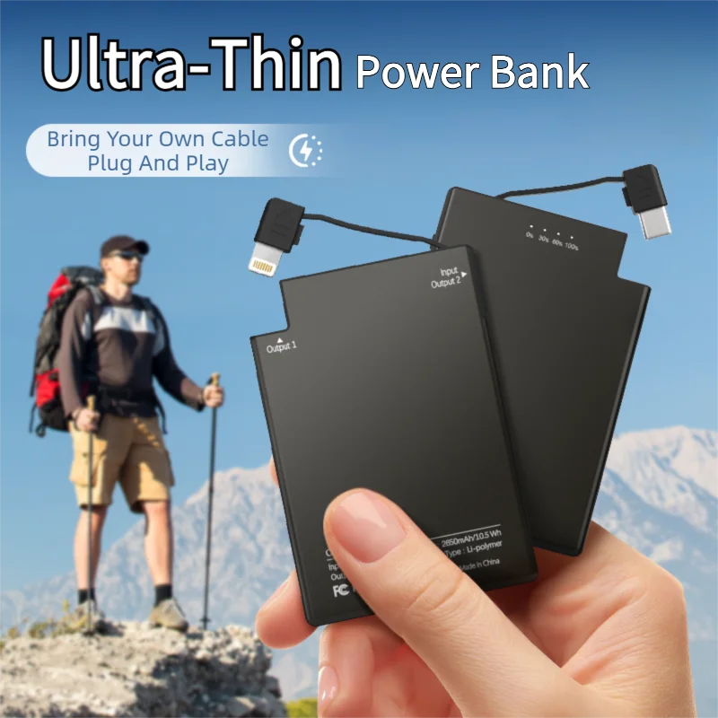 초슬림 휴대용 보조배터리 5mm 2650mAh 경량 포켓 충전기 (내장형 타입C & AP 케이블 포함, 고속 충전)