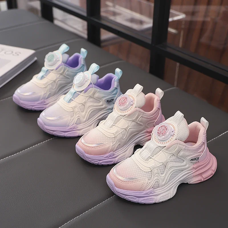 

Students Running Shoes with Rotating Button Girls Sneakers Thick Soft Sole 2025 New Fashion Children Sports Shoes Non-slip Trend