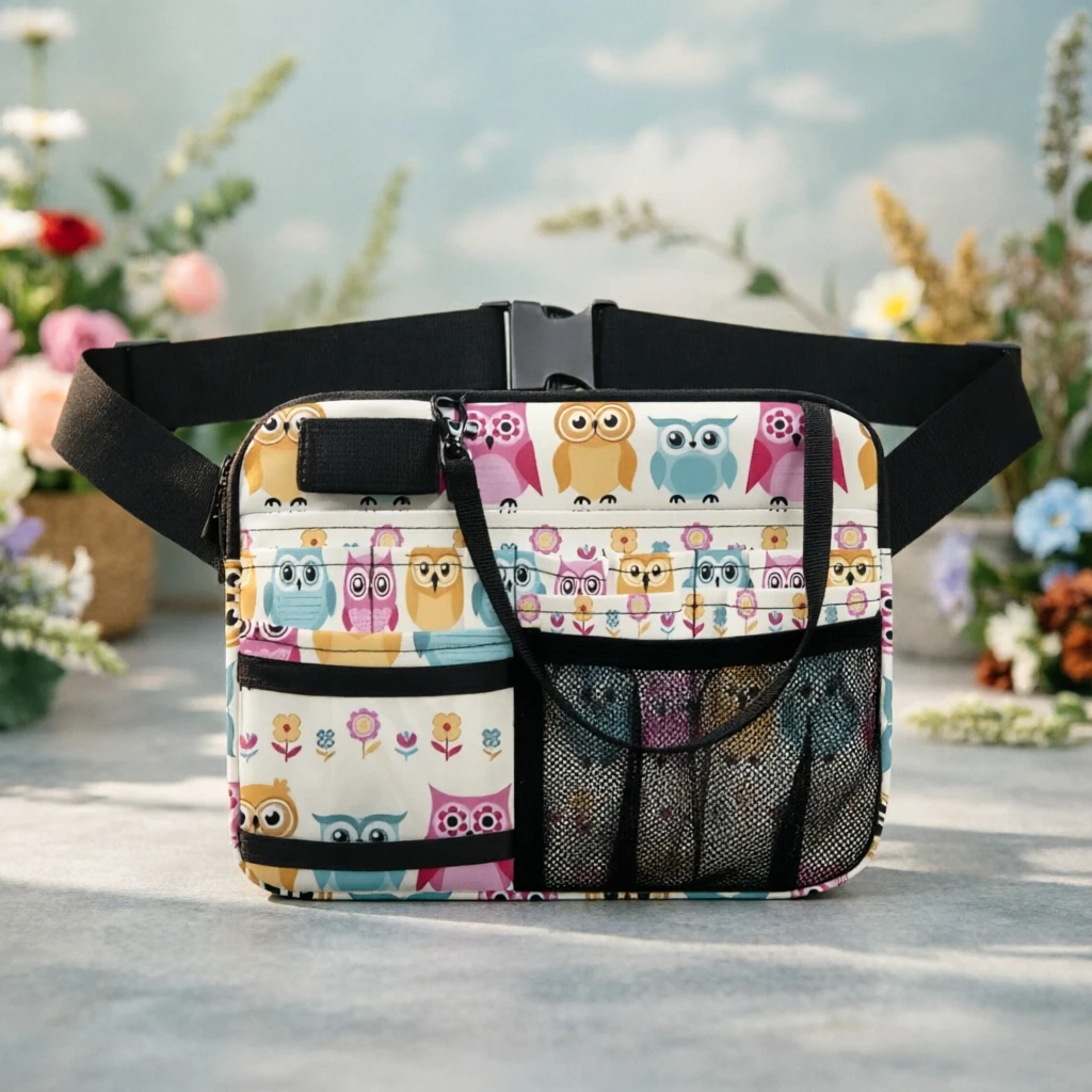 Cute Owl Print Nurse Waist Bag - Multi-Pocket Medical Pouch with Mesh Pockets, Adjustable Strap for Nursing Essentials view 3