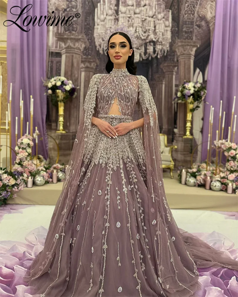 2025 Arabic Dubai Purple A Line Cape Sleeve Crystals Beaded Saudi Evening Dresses Gowns Customized Wedding Prom Party Dress Robe