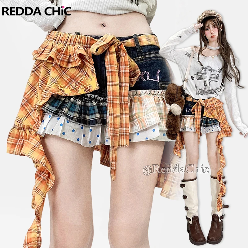 REDDACHiC Y2k Ruffled Denim Shorts with Coverups Plaid Matching Set Low Rise Cake Mini Skirt Women Jean Skorts Retro Streetwear