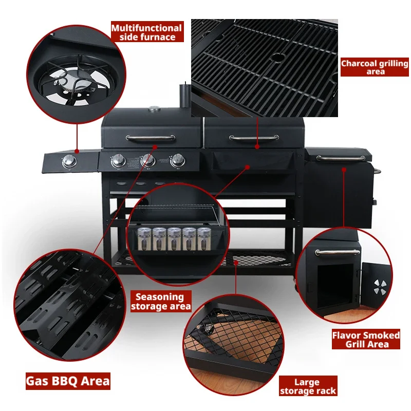 Premium Multi-Functional BBQ Grill Integrated Outdoor Multi Function Barbecue Gas Grill BBQ Charcoal Smoker Combination Griddle