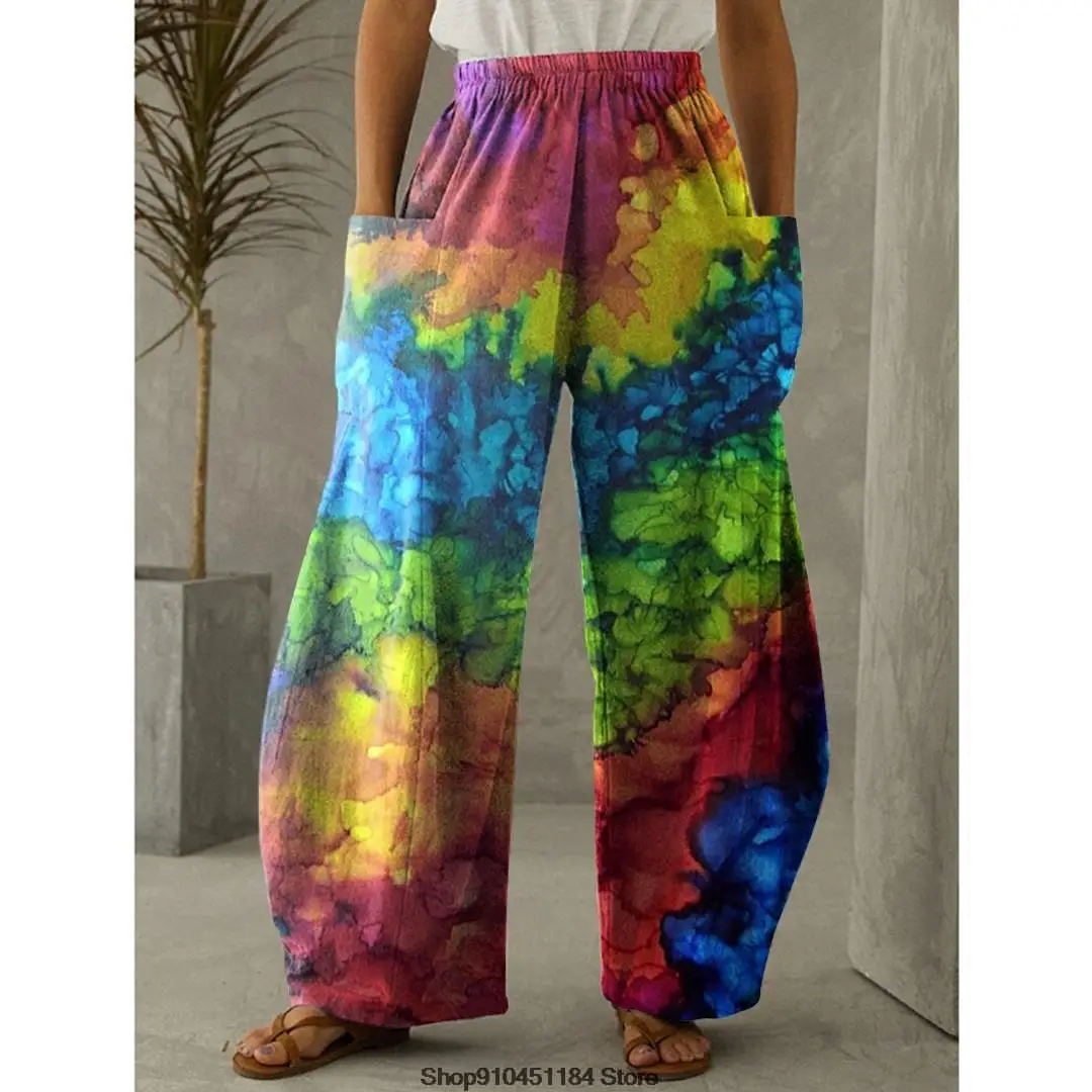 Print Retro 2022 Harajuku Fashion Wide-leg  Pants Casual Women Summer Oversize Tie Dyed Style Printed Loose Comfortable Pants