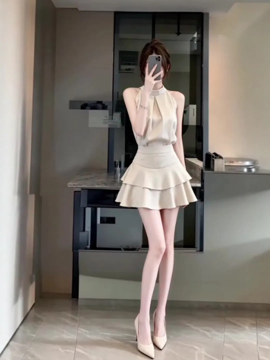 

Elegant Summer Outfit Women's Cake Skirt Neck Hanging Top Two-Piece Set Comfortable Breathable Cotton Material Slim Fit Style