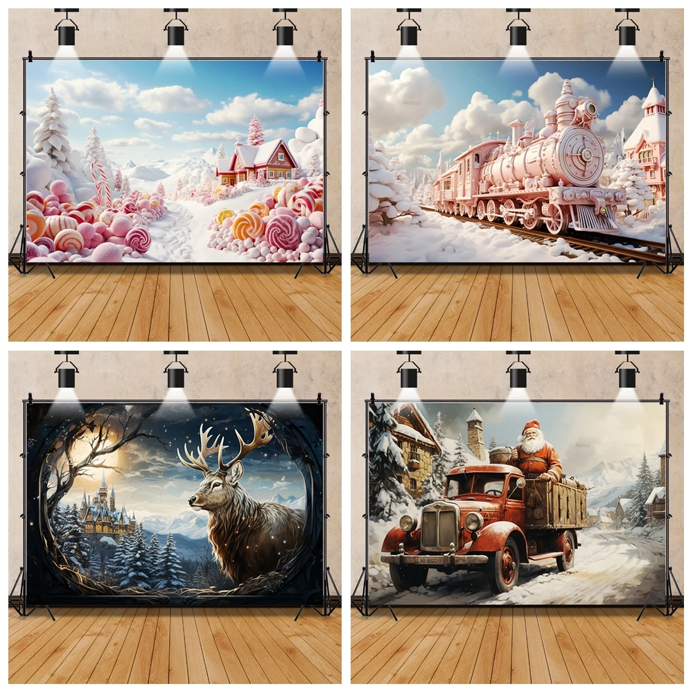 Photography Background Christmas Santa Claus Winter Snow Xmas Tree Gift Kid Family Portrait Decor Backdrop Photo Studio