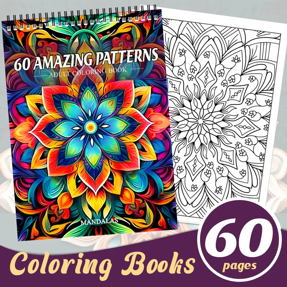 Fun Coloring Book, 60 Pages Mandala Pattern, Adult Coloring Book, Relaxing and Stress Relieving Drawing Book