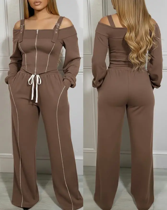 ツーピースセット レディース服 2025年春新作 無地 長袖 コールドショルダー トップス＆ドローストリングウエストパンツセット ポケット付き