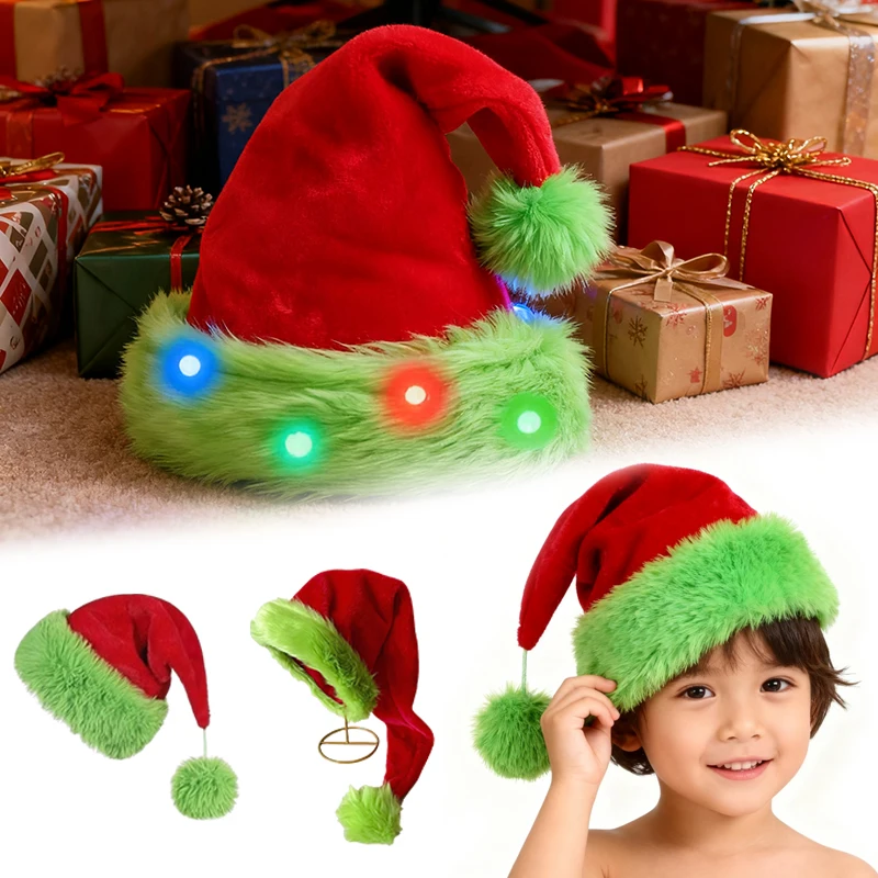 

Llumination Christmas Santa Hat Red Green Plush Thickened Hat with LED Lights for Adults Kids Xmas Party Decor 2025 2026 Gift