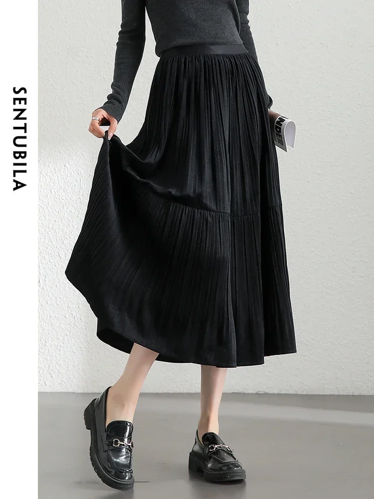 SENTUBILA Elegant Velvet Black Skirts Women 2024 Autumn Temperament A-line Elastic Waist Folds Long Skirt Cake Skirt 143Q56262