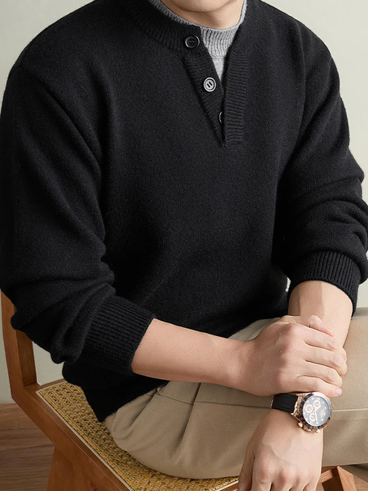 Vintage Daily Casual Men Knitting Sweater Fake Two Piece Henley Neck Long Sleeve Knit Pullover Solid Color Autumn Winter Top Men