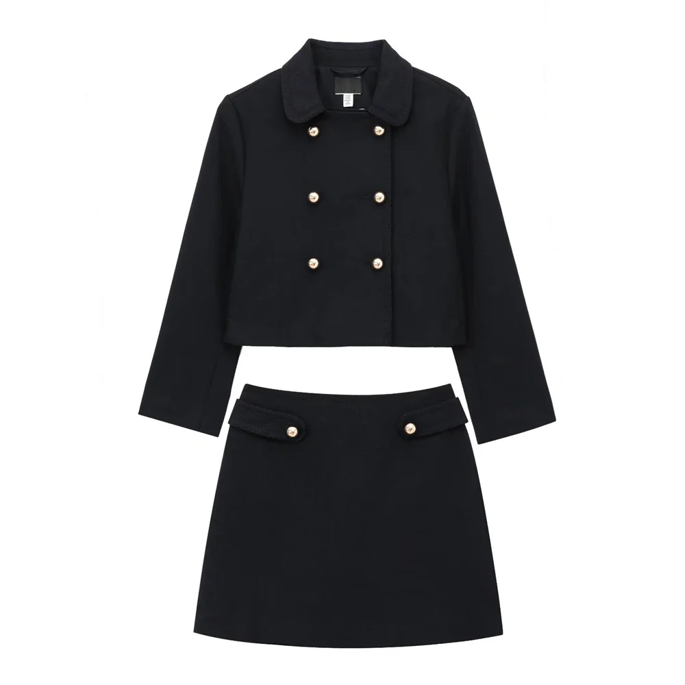 

2025 TRAF Spring New Women's Fashion Double breasted Long sleeved Collar Coat and Slimming Skirt Two Piece Set