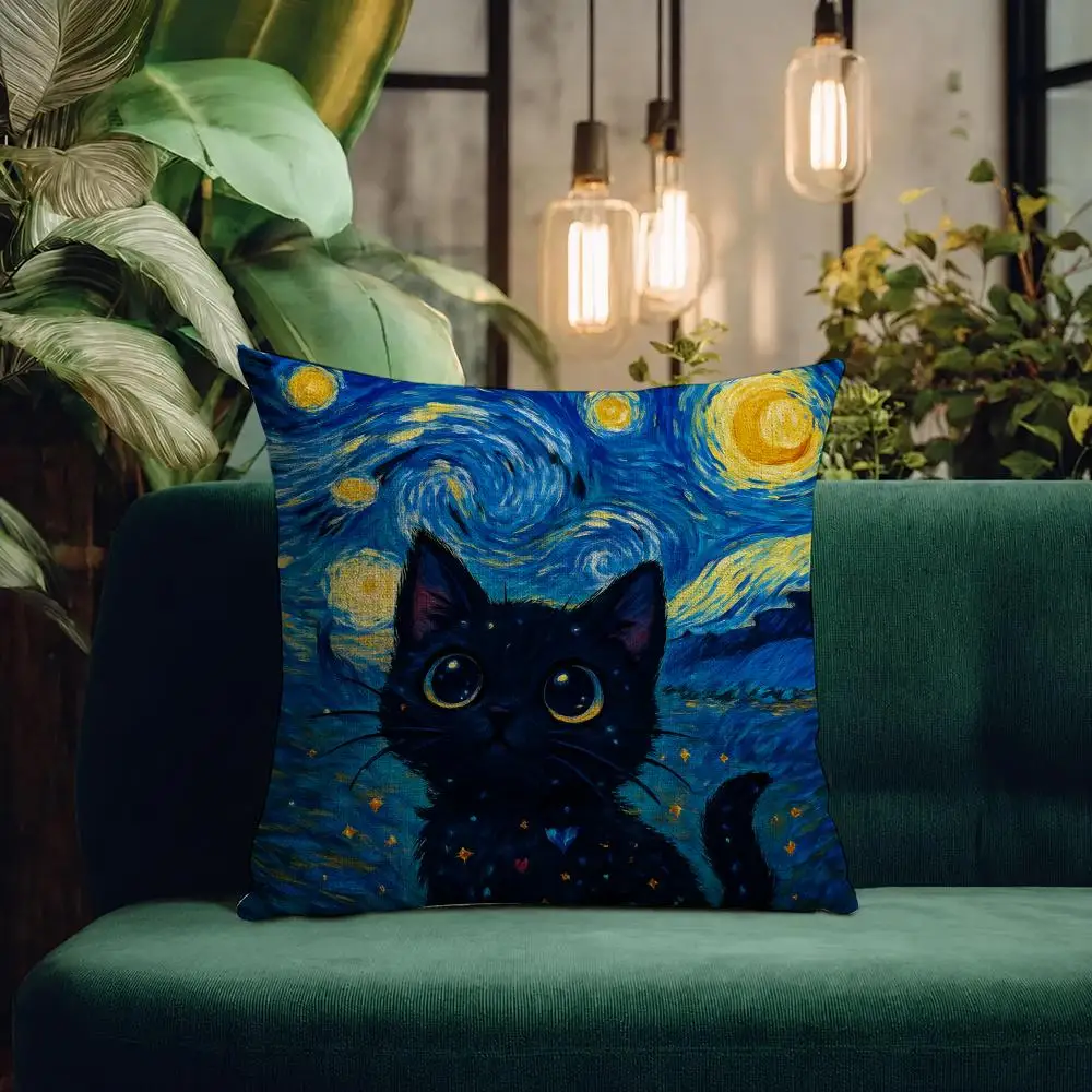 Art Van Gogh Black Cat Cushion Cover Natural Linen Pillowcase Set All-in-One Decor Cushion Cover for Sofa Bedroom Chair