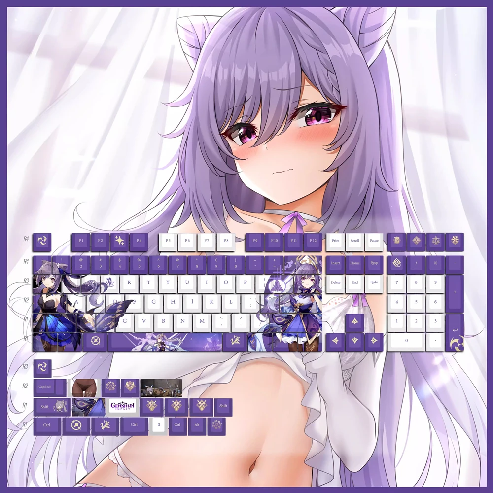 Keqing PBT Keycaps Genshin Impact DYE Sublimation Key Cover Cherry Cross MX Switch Key Caps for Mechanical Keyboard Otaku Gift