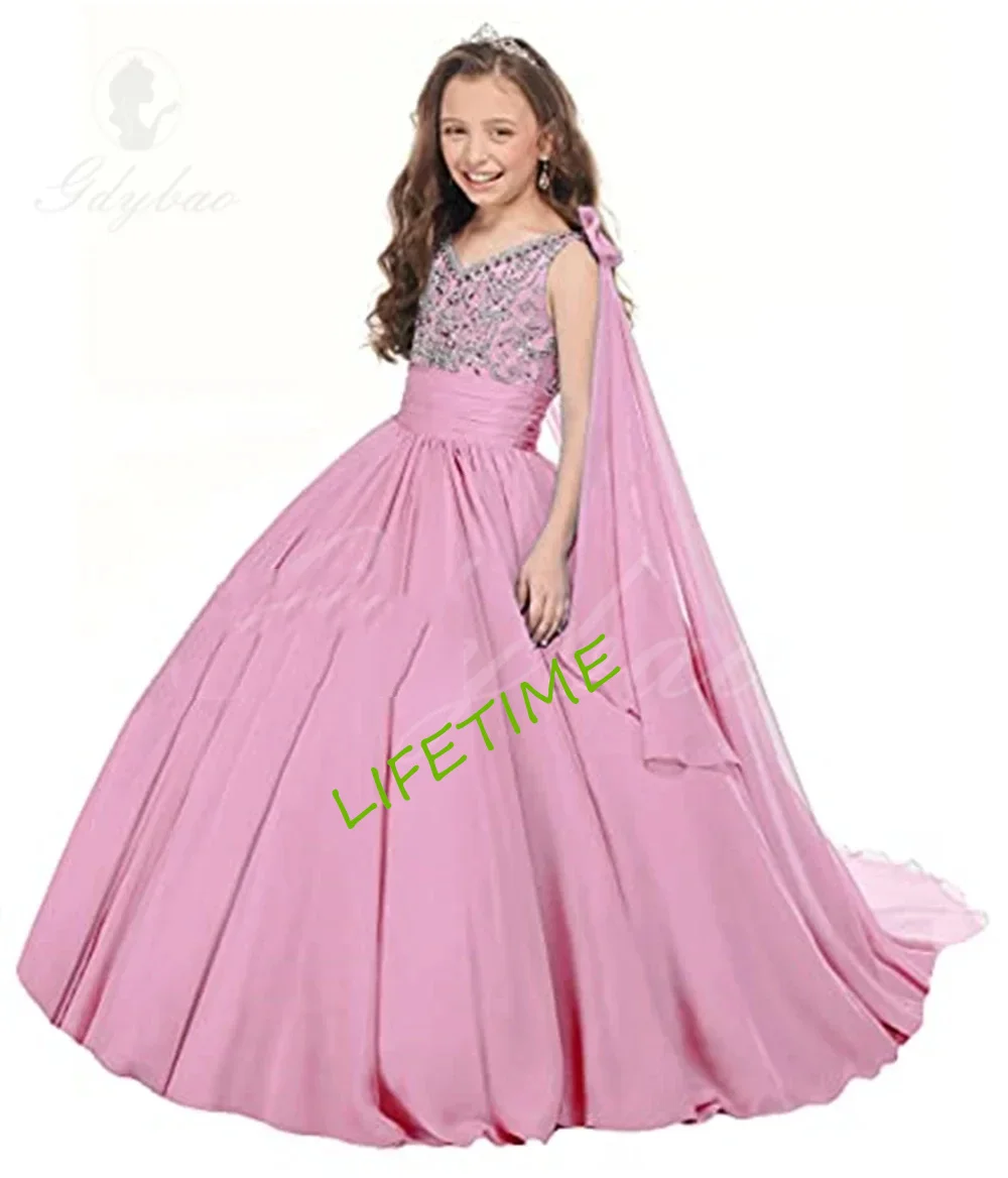 Flower Girl Dress Girls V Neck Pageant Dress Chiffon Princess Birthday Party Dresses Formal Ball Gowns