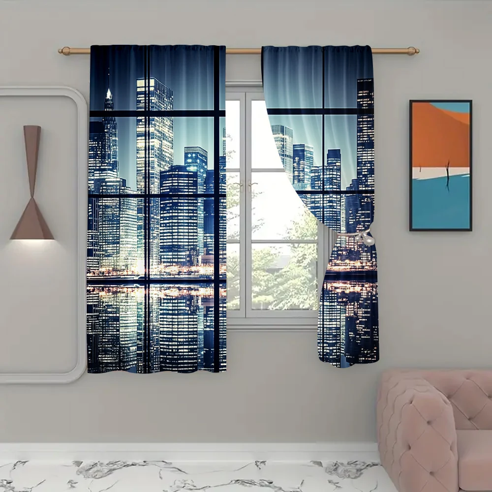 2Pc Modern Curtains Modern New York City Scenery At Night With Skyscrapers Buildings Print Living Room Bedroom Window Drapes_c