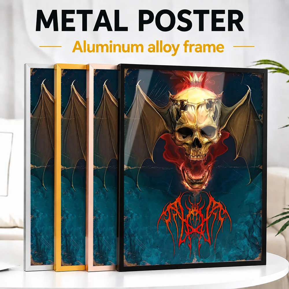 Worship Demonic Skull Metal Poster With Aluminum Alloy Frame Personalized Dark Horror Tribute Wall Art Ideal For Home Theater