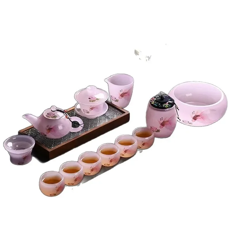 

Hongyun Liannian glazed tea set home gaiwan teapot office pink kung fu tea set high-end gift box
