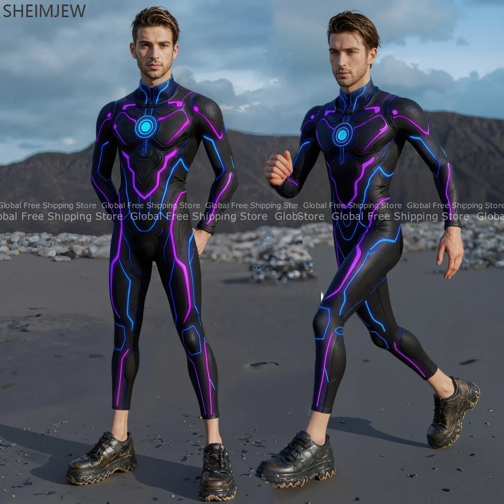 

Men's Futuristic Metroid Bodysuit Mechanical Armor Halloween Party Cosplay Costume Cool Purple Tights Jumpsuit Zentai Outfit