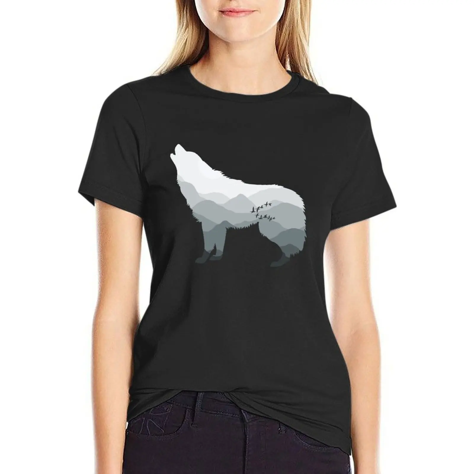 

Ombre Wolf - Silver, Grey / Gray W/B T-Shirt hippie clothes tops customs design your own quick drying T-shirt Women