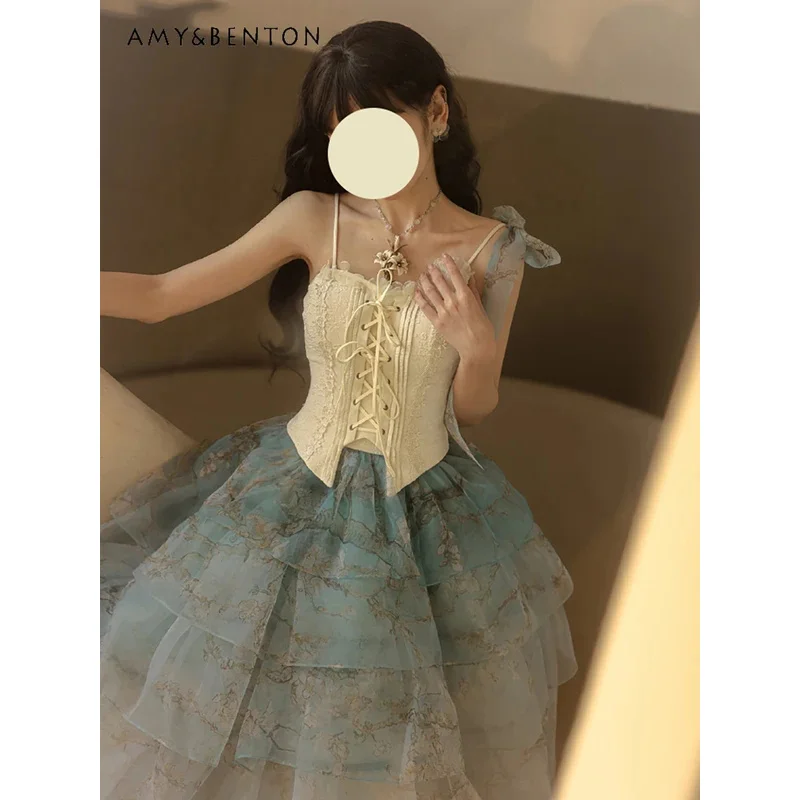 

25COSElegant Temperament Retro Lolita Suspenders Jsk Fishbone Waist Seal Gradient Color Mesh Multi-layer Long Skirt Two-piece Se